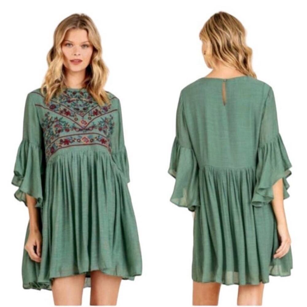 UMGEE Sage Green Babydoll Floral Embroidered Mini Dress Oversized Size Small